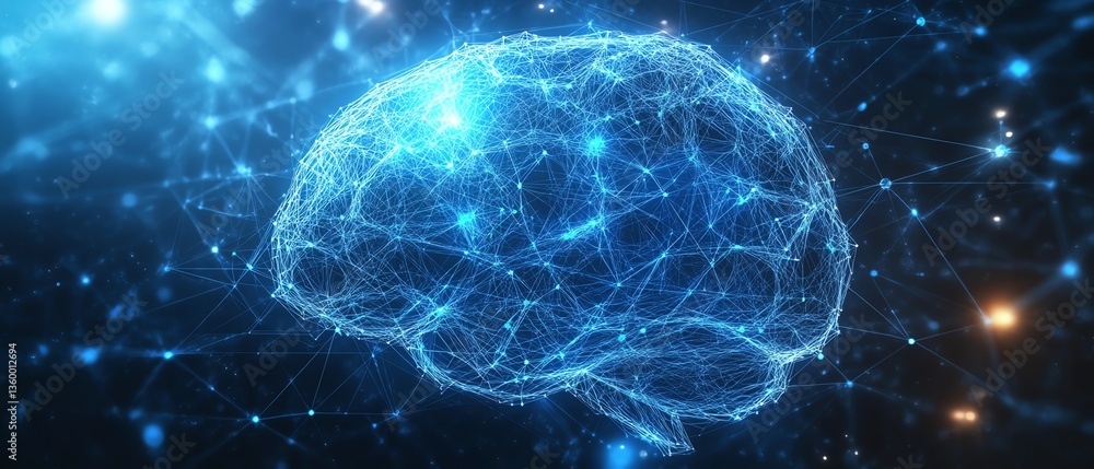 Minimalist lowpoly brain with abstract AI wireframe, luminous blue digital web, advanced neural network concept, modern artificial intelligence visualization, ultraHD, 8K Minimalist lowpoly brain with abstract AI wireframe, luminous blue digital web, advanced neural network concept, modern artificial intelligence visualization, ultraHD, 8K