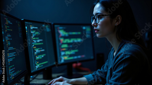 Tech-savvy Programmer Analyzing Code at Night photo