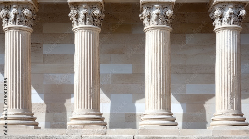 Classic Architecture with Four Elegant Columns Against Stone Wall Classic Architecture with Four Elegant Columns Against Stone Wall
