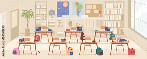 School classroom interior with desks, backpacks and school supplies with no people flat vector illustration.