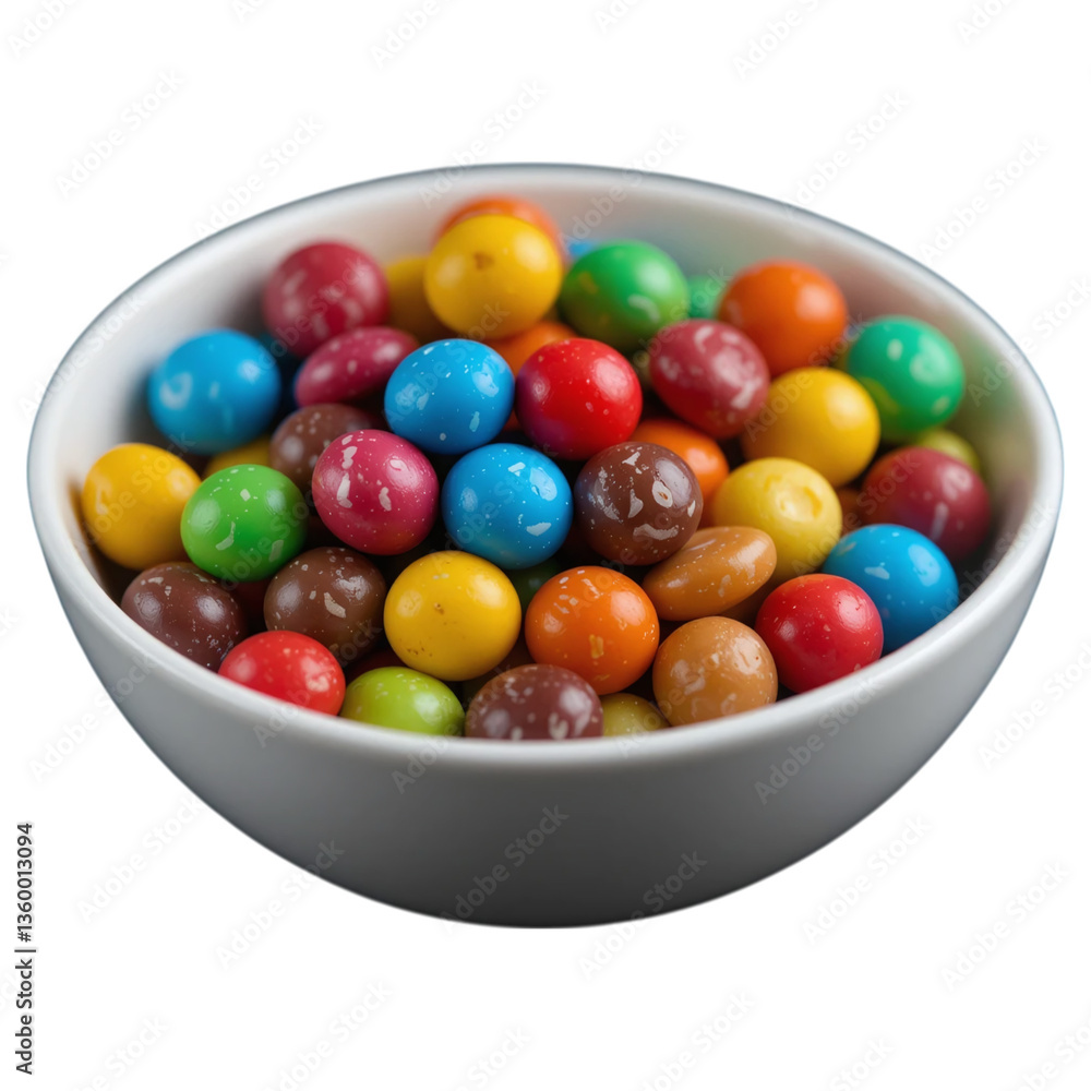 Colorful candy coated chocolate balls in white bowl for sweet treats isolated on transparent background Colorful candy coated chocolate balls in white bowl for sweet treats isolated on transparent background