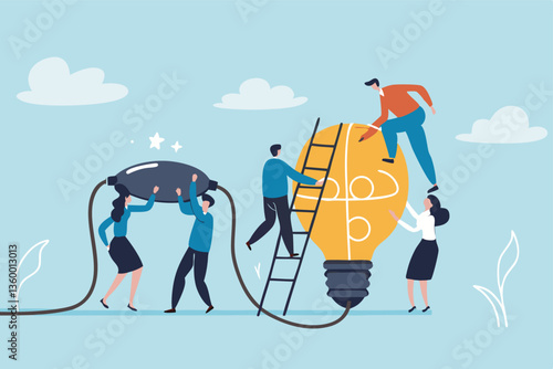 Company culture, teamwork or collaboration for success, colleague or employee engagement, collaboration or cooperate synergy for business growth concept, business people help building lightbulb ideas.