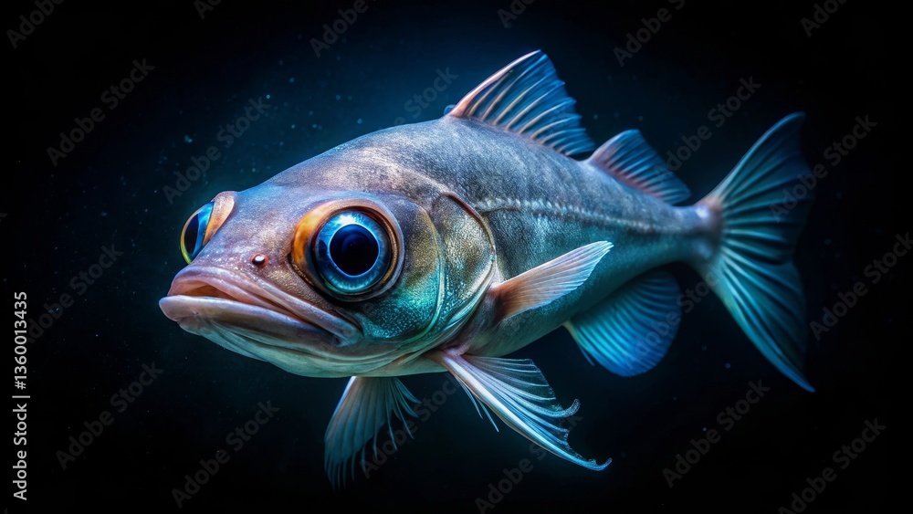 A Close-Up Underwater Portrait of a Fish with Strikingly Large Eyes and Delicate Fins, Swimming in Darkness A Close-Up Underwater Portrait of a Fish with Strikingly Large Eyes and Delicate Fins, Swimming in Darkness