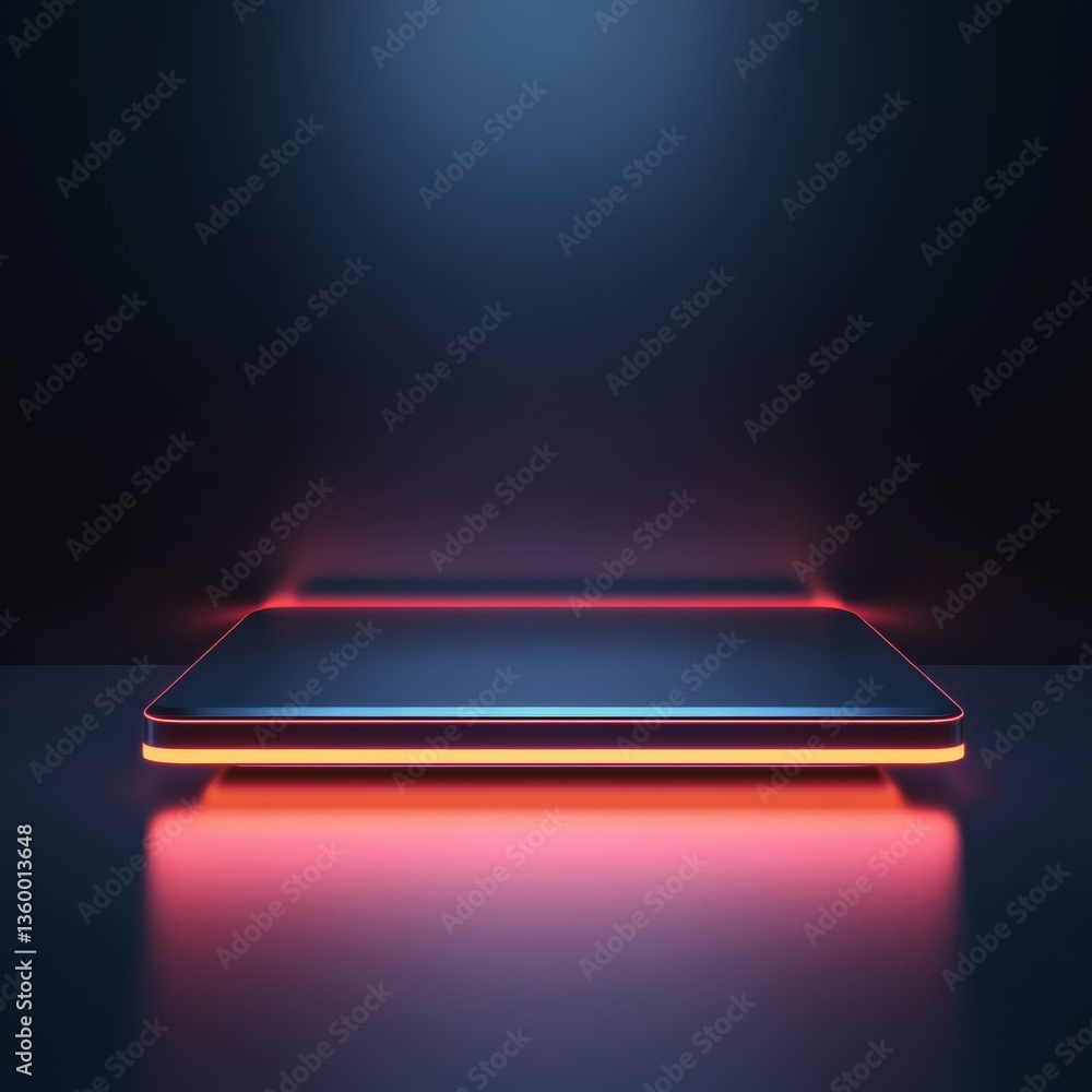 Futuristic Platform with Neon Lighting: A Modern Minimalist Design with Red and Blue Glowing Accents Futuristic Platform with Neon Lighting: A Modern Minimalist Design with Red and Blue Glowing Accents