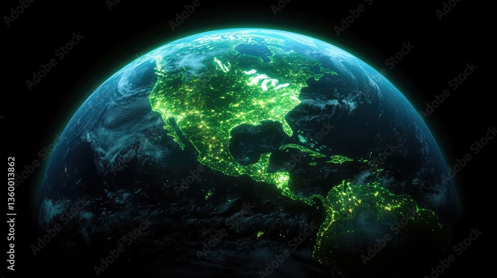 Fototapeta premium Glowing Earth View at Night with Bright City Lights and Ocean