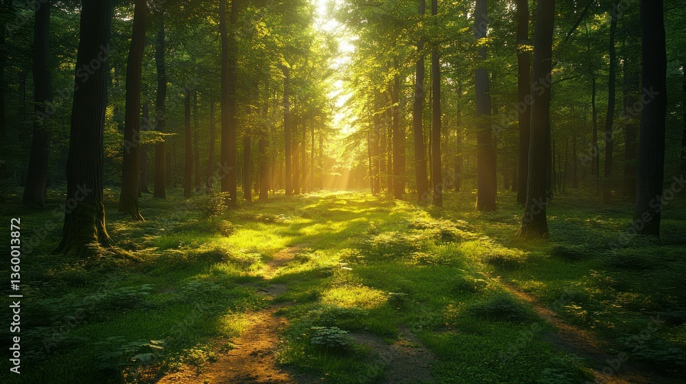 Obraz premium Sunlight streams through a dense forest. Sunlight illuminates a grassy path. Lush green vegetation surrounds tall trees. Golden light creates a magical atmosphere