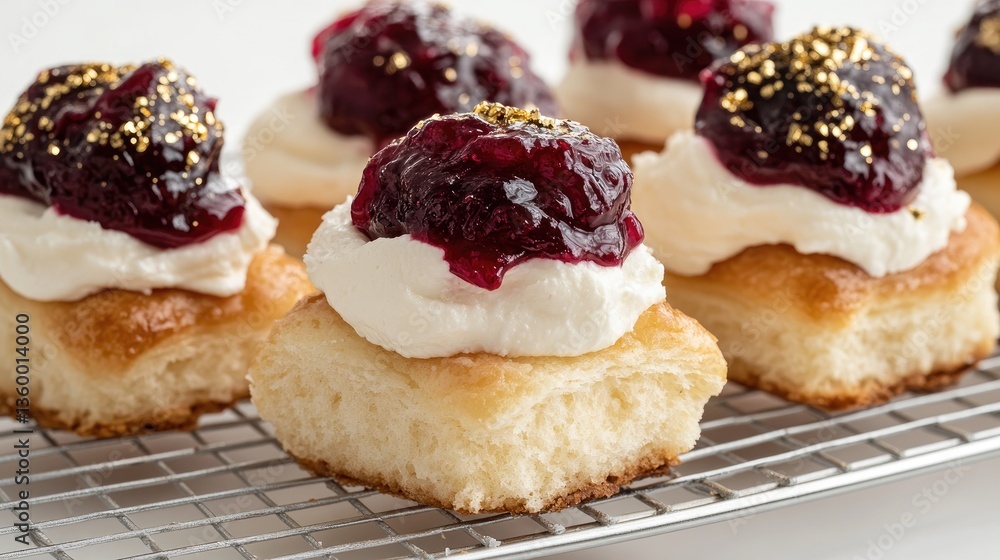 Small square cherry pastries sit on a wire rack, adorned with cream cheese and jam, showcasing their flaky texture and shine Small square cherry pastries sit on a wire rack, adorned with cream cheese and jam, showcasing their flaky texture and shine