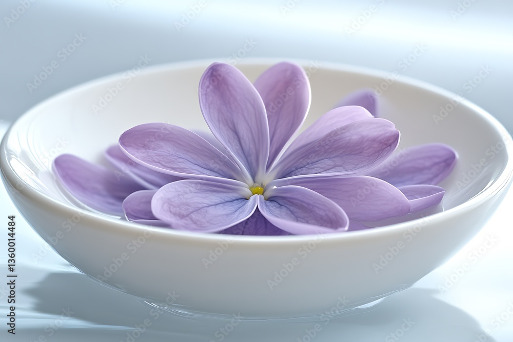Fototapeta premium A beautiful purple flower rests in a white ceramic bowl