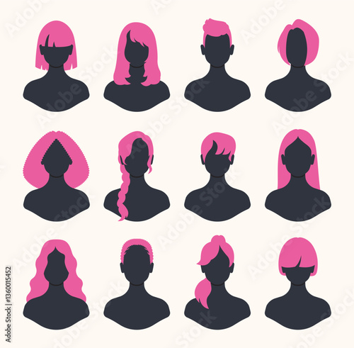 Mannequin with different female hairstyles. Pink hair. Vector flat cartoon illustration.