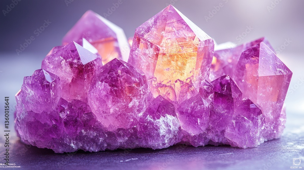 Fototapeta premium Close-up amethyst cluster, studio shot, soft light, crystals