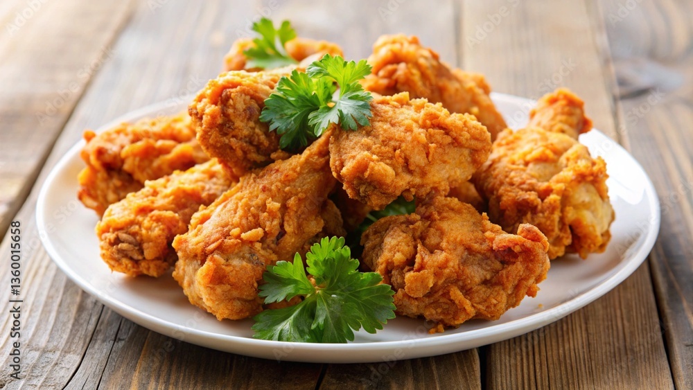 Crispy fried chicken pieces on a white plate.
Crispy fried chicken pieces on a white plate.