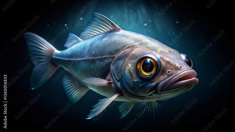 A Close-Up Portrait of a Deep-Sea Fish with Strikingly Large Eyes and a Unique Facial Structure, Swimming in Dark Aquatic Environment A Close-Up Portrait of a Deep-Sea Fish with Strikingly Large Eyes and a Unique Facial Structure, Swimming in Dark Aquatic Environment