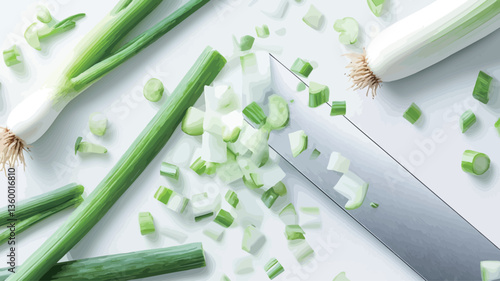 High-angle, close-up view of freshly chopped green onions scattered on a white surface.  A chef's knife is partially visible, positioned amongst the chopped pieces and whole green onions. The image