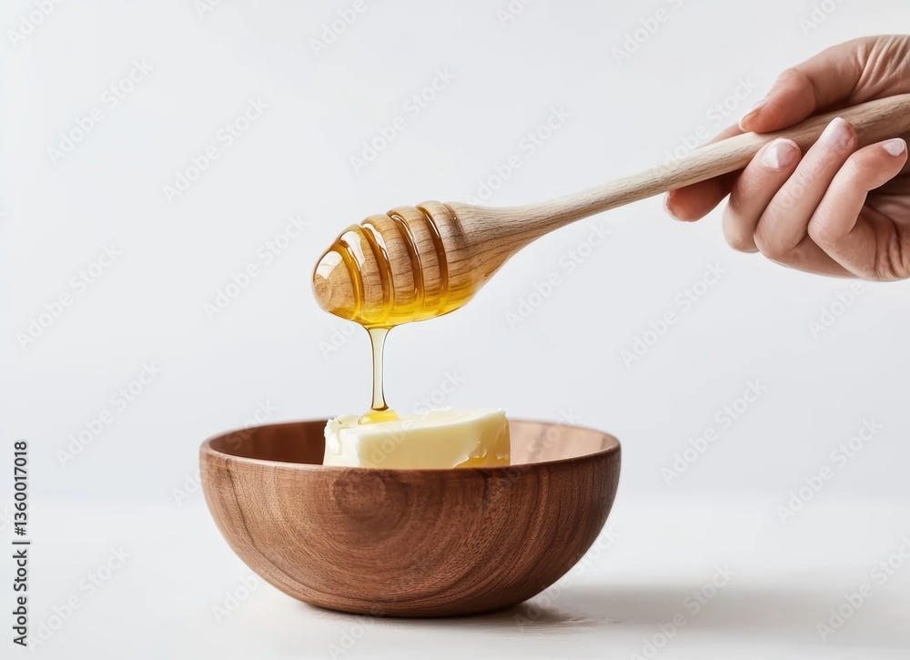 Drizzling honey over butter in a wooden bowl kitchen food photography minimalist close-up culinary art Drizzling honey over butter in a wooden bowl kitchen food photography minimalist close-up culinary art
