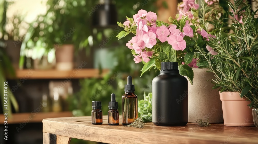 Serene Botanical Scene with Essential Oils and Vibrant Flowers Serene Botanical Scene with Essential Oils and Vibrant Flowers