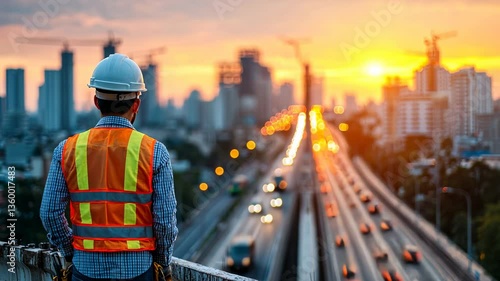 Construction Worker Overlooking Cityscape at Sunset