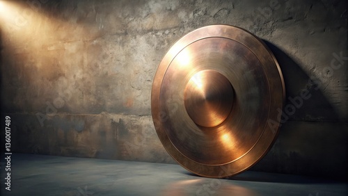 A large bronze shield rests against a textured wall, illuminated by a single light source, creating dramatic shadows and highlighting the metallic surface.