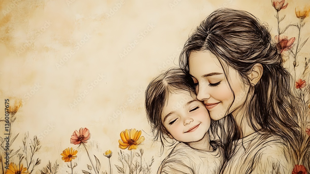 Parent and child embracing with tender expressions in a hand-drawn sketch illustration Parent and child embracing with tender expressions in a hand-drawn sketch illustration