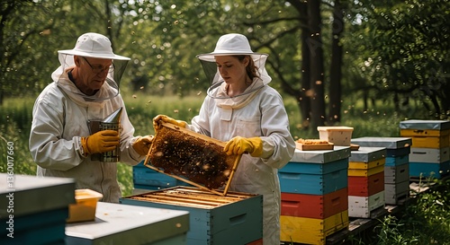 A young female apprentice beekeeper tending hives with an older beekeeper, dressed in protective gear.