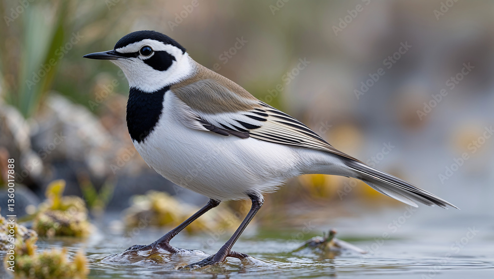 Fototapeta premium White wagtail standing on rock in water
