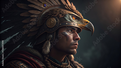 Fantasy Aztec warrior with eagle headdress in mystical forest