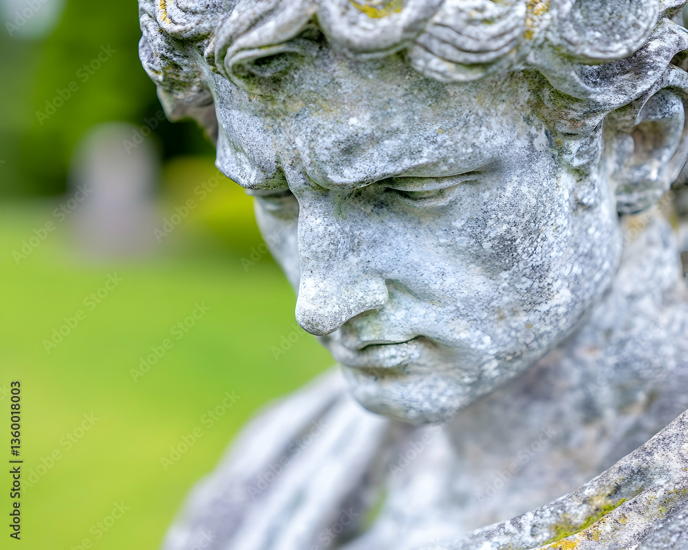 Weathered stone bust, garden setting, pensive expression, serene background, historical art Weathered stone bust, garden setting, pensive expression, serene background, historical art