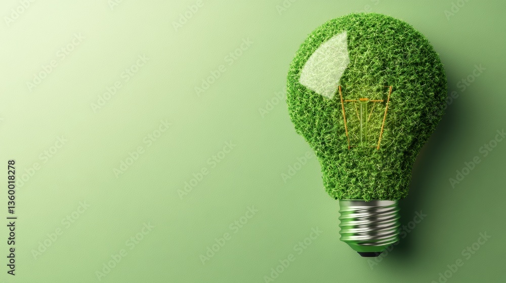 A lightbulb enveloped in lush green leaves represents sustainable energy solutions amidst a matching soft green backdrop emphasizing eco-friendly concepts A lightbulb enveloped in lush green leaves represents sustainable energy solutions amidst a matching soft green backdrop emphasizing eco-friendly concepts
