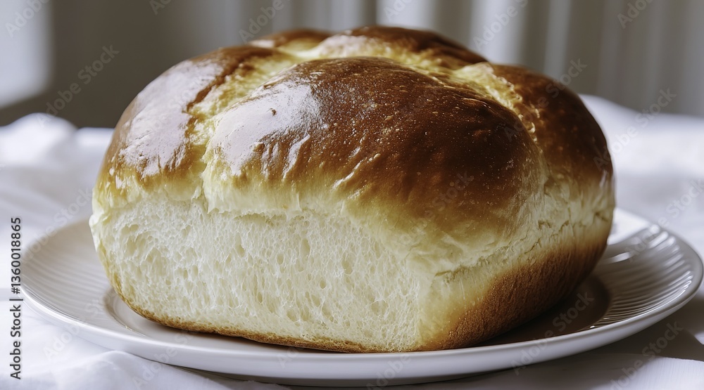 A close-up view of the top half of a large, round loaf of bread with a golden-brown crust, elegantly placed on a white plate on a pristine white tablecloth. A close-up view of the top half of a large, round loaf of bread with a golden-brown crust, elegantly placed on a white plate on a pristine white tablecloth.