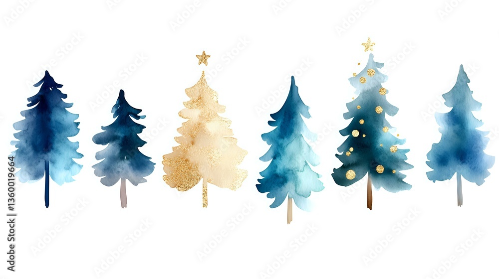 Obraz premium Watercolor winter forest with blue and gold Christmas trees in row, decorative stars on top, festive holiday design element on white background.
