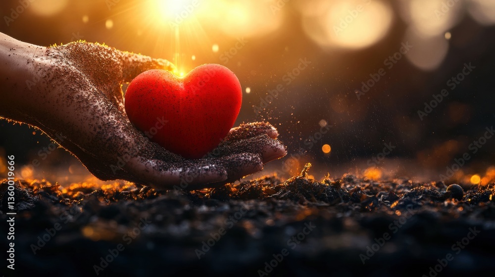 Fototapeta premium A Gently Cradled Small Red Heart in a Dirt-Covered Hand Against the Backdrop of a Warm and Sunlit Landscape Evokes Feelings of Love and Nature