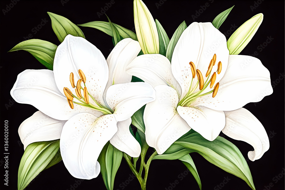 Fototapeta premium White lilies bouquet, floral arrangement, dark background, sympathy card