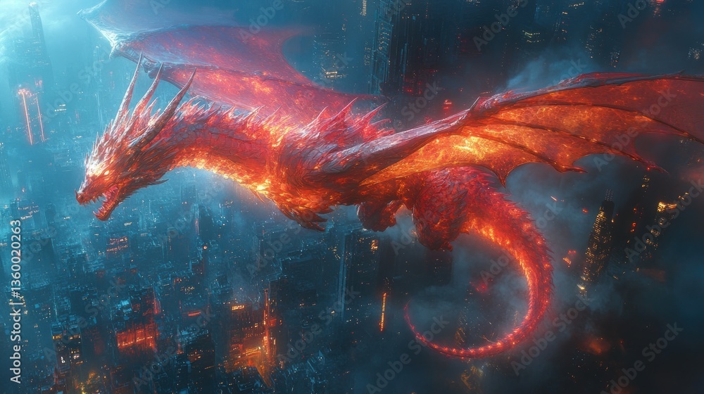 Fiery Dragon Soars Over Ruined City at Night Fiery Dragon Soars Over Ruined City at Night