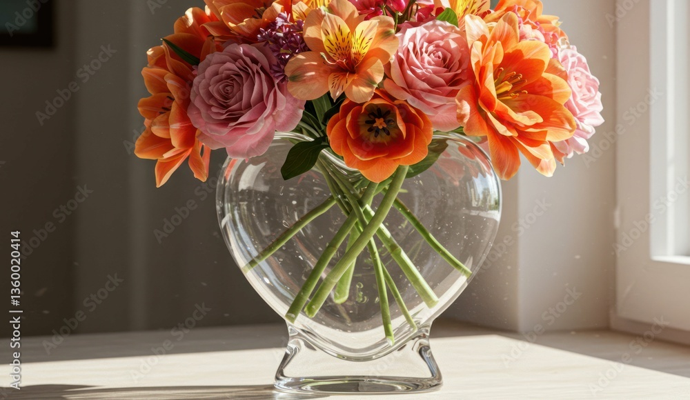 Fototapeta premium Vibrant flowers in a heart-shaped vase bathed in warm sunlight, a sweet bouquet.