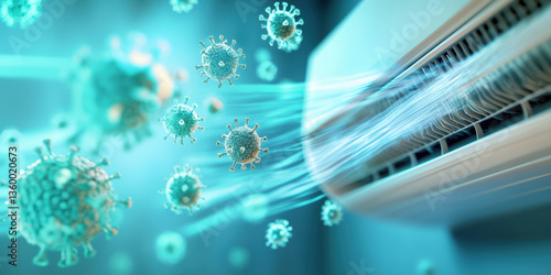A UV-lit image reveals an air conditioner emitting hidden microbes and spores, making invisible threats visible and highlighting potential air quality risks.