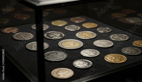 A collection of Euro coins displayed in a glass display case.