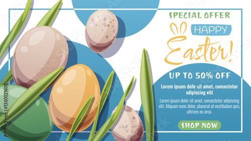 Easter Sale Banner Template - Colorful Eggs in Grass, Spring Holiday Background. Happy Easter Design for Social Media Posts, Advertising, Promo Materials, Seasonal Marketing
