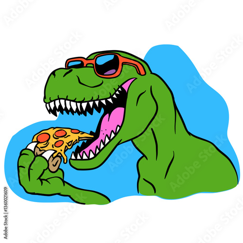 Dinosaur Eating Pizza Vector Illustration