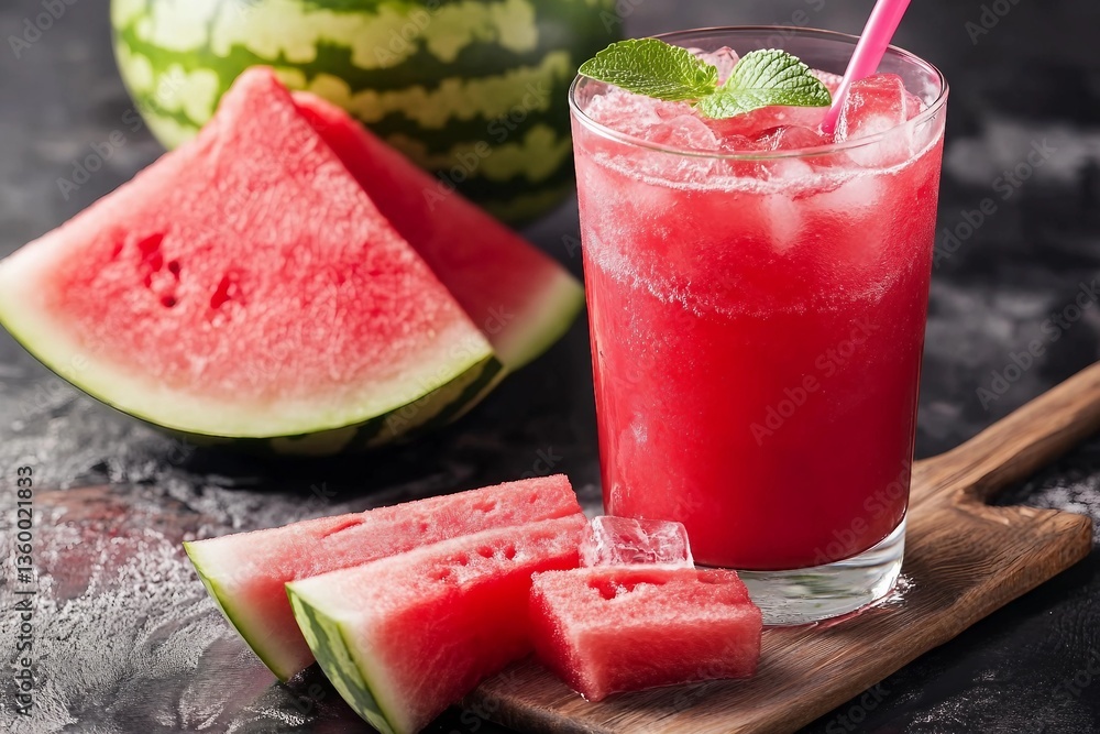 Fresh watermelon juice with ice in a glass. Slices of watermelon on the table.Fresh watermelon juice with ice in a glass. Slices of watermelon on the table. Fresh watermelon juice with ice in a glass. Slices of watermelon on the table.Fresh watermelon juice with ice in a glass. Slices of watermelon on the table.