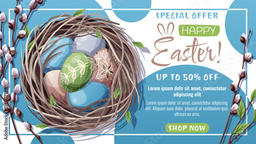 Easter Sale Web Banner with Nest, Colorful Eggs, and Willow Branches. Festive Poster for Spring Promotions. Perfect for Advertising, Social Media, Banners, and Seasonal Sales Campaigns.