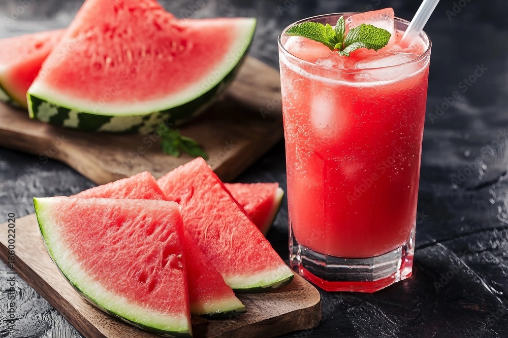 Fresh watermelon juice with ice in a glass. Slices of watermelon on the table.Fresh watermelon juice with ice in a glass. Slices of watermelon on the table. Fresh watermelon juice with ice in a glass. Slices of watermelon on the table.Fresh watermelon juice with ice in a glass. Slices of watermelon on the table.