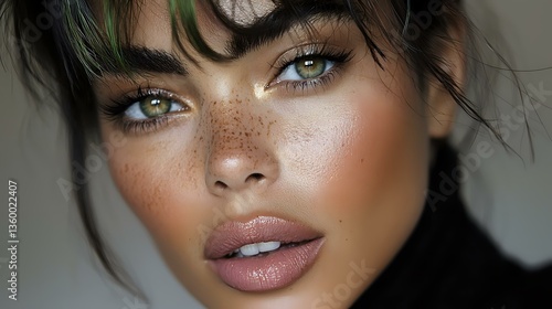 Close up portrait of young mixed race woman with freckles, natural makeup, pink lips and messy dark hair against light background. Perfect for beauty and cosmetics.