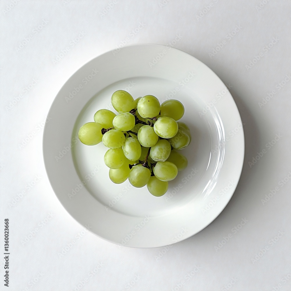 Fresh green grapes on white plate food photography minimalist style bright environment top view healthy eating concept Fresh green grapes on white plate food photography minimalist style bright environment top view healthy eating concept