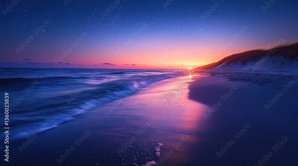 Fototapeta premium Coastal sunset over tranquil beach with dunes and stars