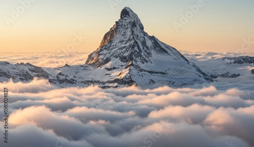 Scenic view of Matterhorn peak above clouds at sunrise; nature, Alps, Zermatt
