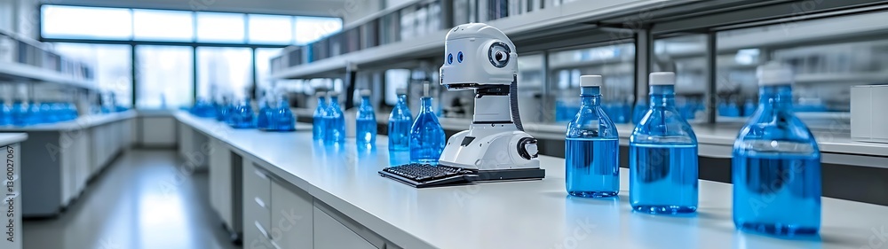 A futuristic laboratory featuring a robot with blue liquid bottles A futuristic laboratory featuring a robot with blue liquid bottles