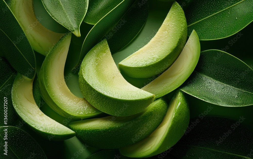 Fototapeta premium Close-up view of vibrant green avocado slices arranged on a dark green background adorned with glittering leaves. The image features a high-contrast, dramatic lighting style, showcasing the
