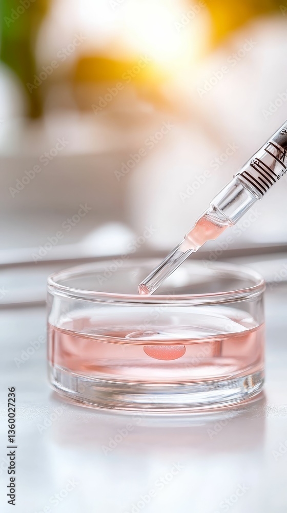 A close-up of a pipette extracting a pink liquid from a small glass container, illuminated by soft light, suggesting a laboratory or cosmetic setting.