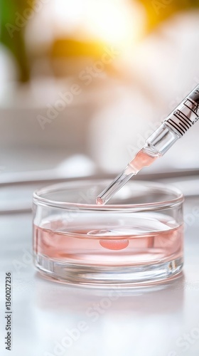 Obraz na płótnie A close-up of a pipette extracting a pink liquid from a small glass container, illuminated by soft light, suggesting a laboratory or cosmetic setting. w salonie