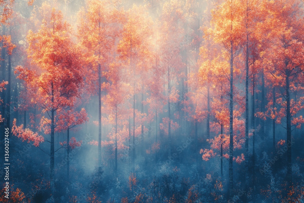 Fototapeta premium life as trees display their vibrant leaf, forming a captivating mosaic of flaming colors that dance against a calm background. Generative Ai