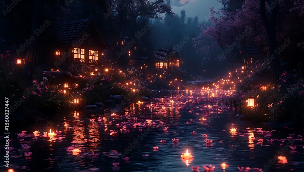 Fototapeta premium Twilight River with Glowing Lanterns and Flowers